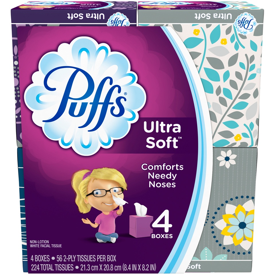 slide 1 of 2, Puffs Ultra Soft Facial Tissues, 4 pk; 56 ct