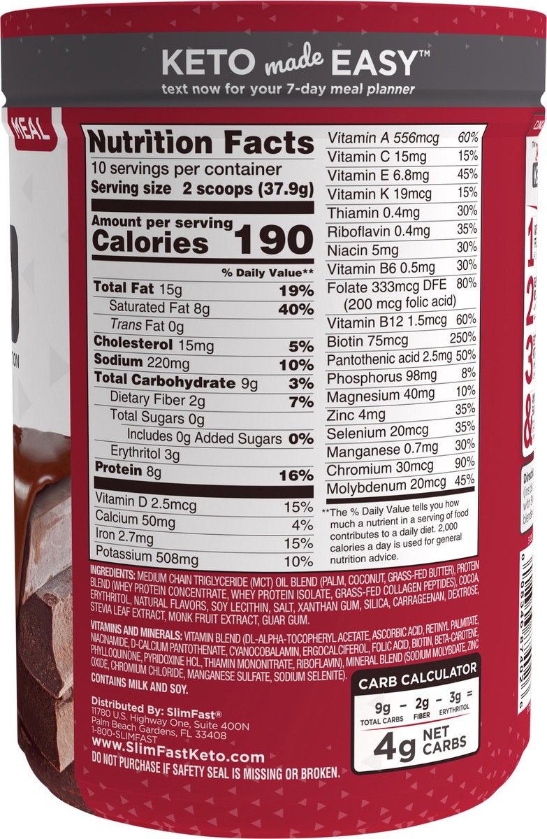 slide 2 of 3, SlimFast Keto Fudge Brownie Batter Meal Replacement Shake Powder 13.4 Oz. Canister (10 Servings), 13.4 oz