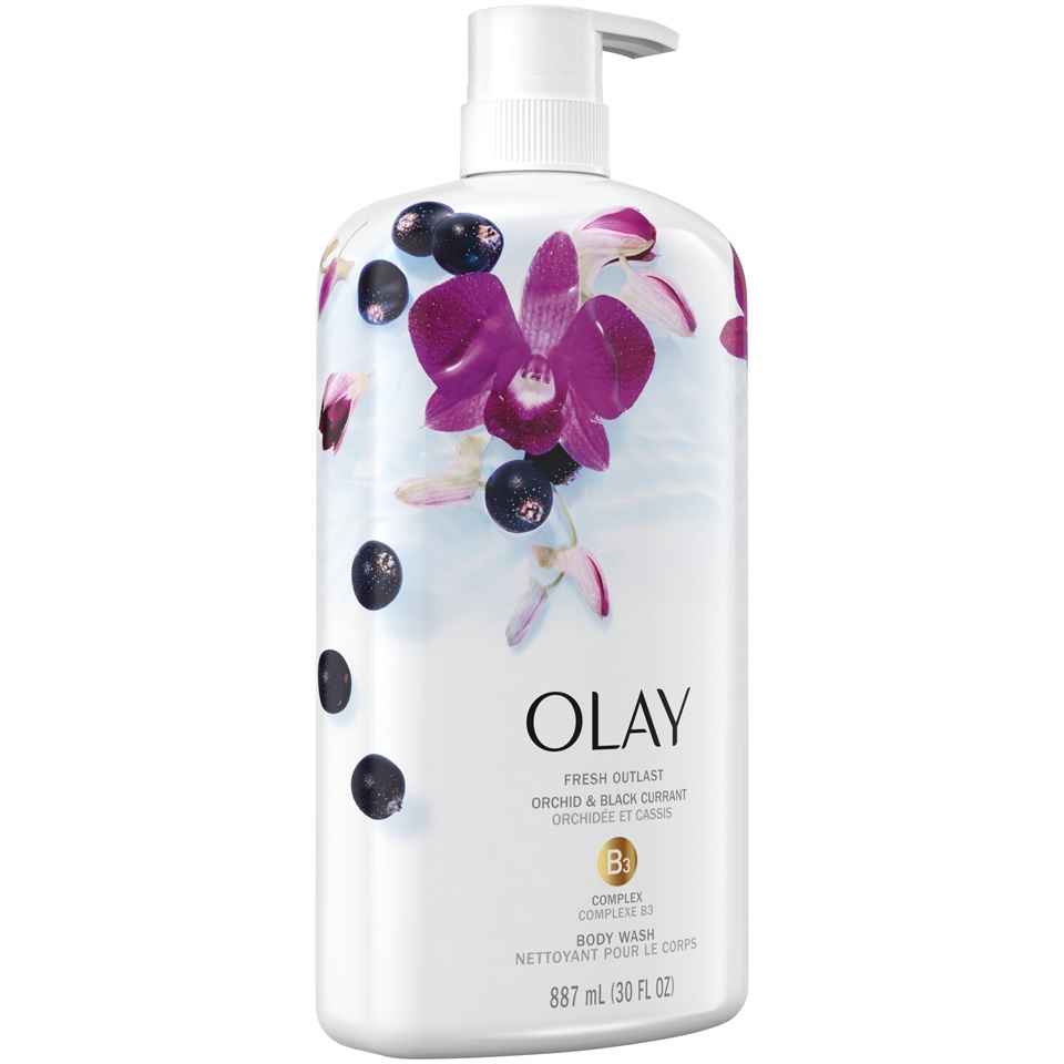 slide 2 of 3, Olay Fresh Outlast Soothing Orchid & Black Currant Body Wash Pump, 30 oz