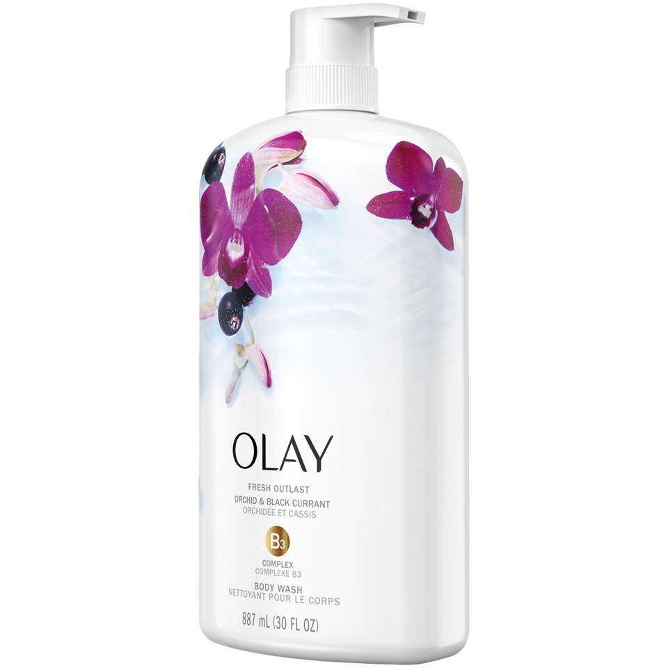 slide 3 of 3, Olay Fresh Outlast Soothing Orchid & Black Currant Body Wash Pump, 30 oz