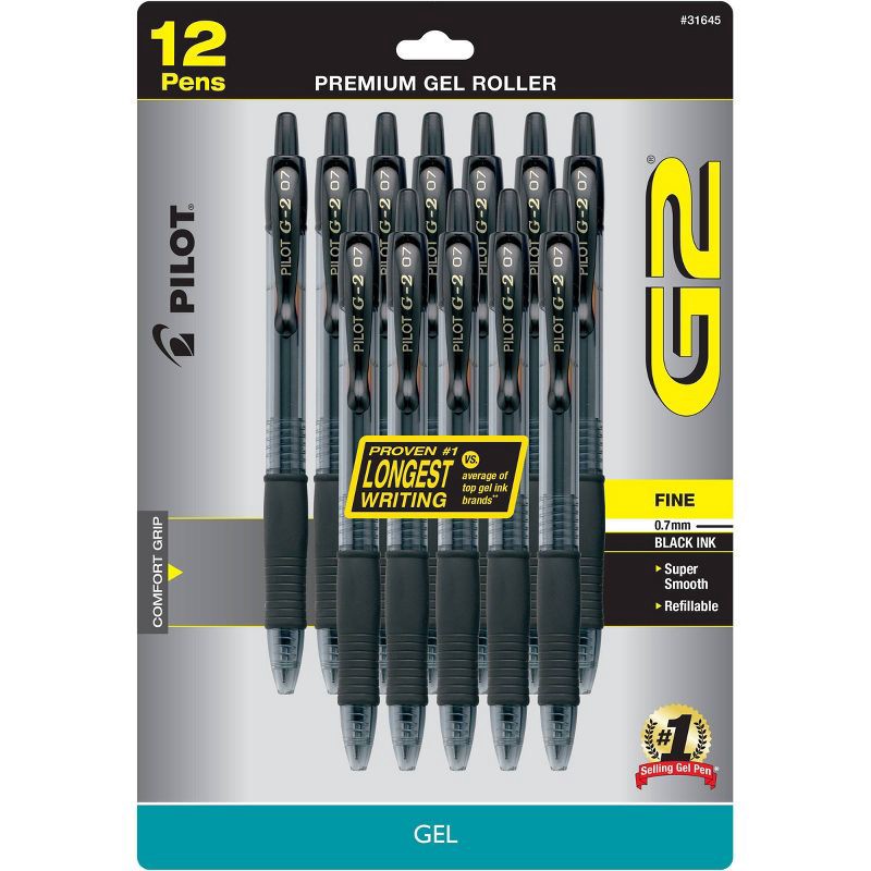 slide 1 of 3, Pilot 12ct G2 Gel Pens Fine Point 0.7mm Black Ink: Retractable, Rubber Grip, Office Stationery, Art Supplies, 12 ct