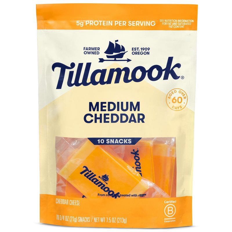 slide 1 of 9, Tillamook Medium Cheddar Cheese Snack Portions - 7.5oz/10ct, 7.5 oz, 10 ct