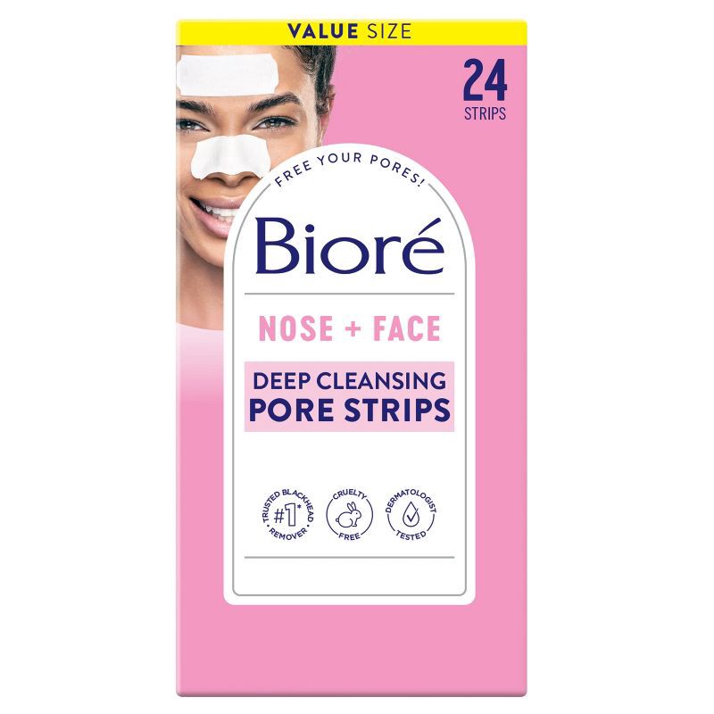 slide 1 of 1, Biore Nose + Face Deep Cleansing Pore Strips, 12 Nose + 12 Face Strips, Blackhead Remover, Oil-Free - 24ct, 24 ct