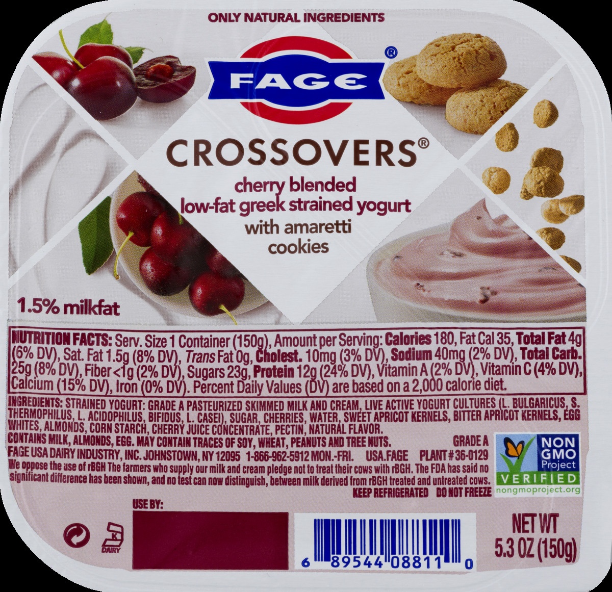 slide 2 of 11, Fage Crossovers Cherry Blended Low-Fat Greek Strained Yogurt With Amaretti Cookies, 5.3 oz
