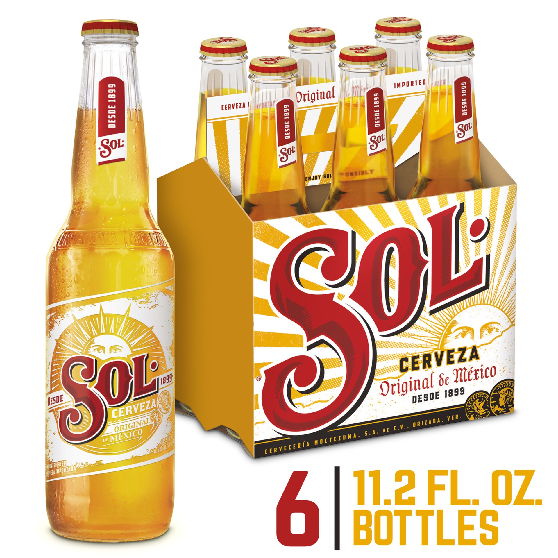 slide 1 of 5, Sol Cerveza Mexican Import Lager Beer, Light Beer for Summer, 4.5% ABV, 6-pack, 12-oz beer bottles, 6 ct; 12 oz