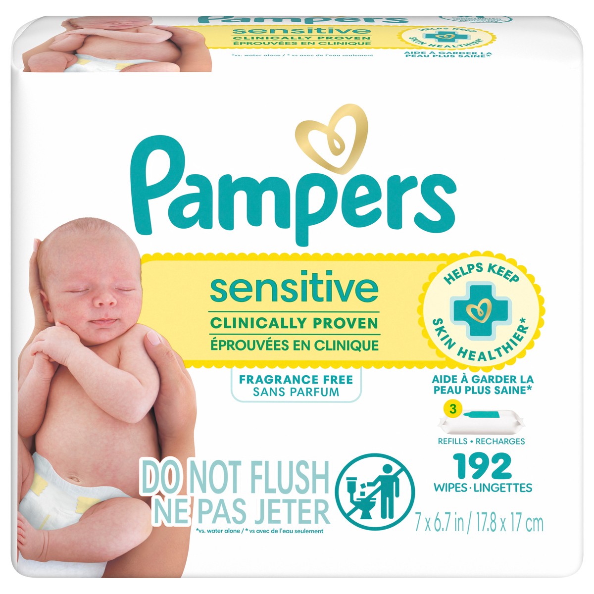 slide 1 of 4, Pampers Baby Wipes Pampers Sensitive, Clinically Proven, Fragrance Free, Water Based, Hypoallergenic Baby Wipes, 192 Baby Wipes Total (4X Refill Packs), 192 ct