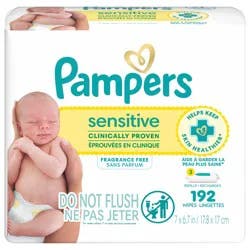 Pampers Baby Wipes Pampers Sensitive, Clinically Proven, Fragrance Free, Water Based, Hypoallergenic Baby Wipes, 192 Baby Wipes Total (4X Refill Packs)