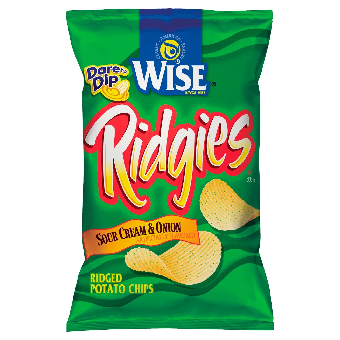 slide 1 of 1, Wise Ridgies Sour Cream & Onion Ridged Potato Chips, 8.75 oz