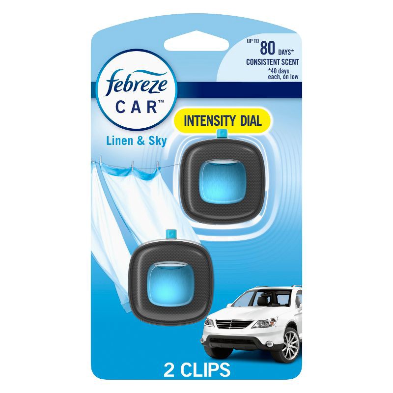 slide 1 of 10, Febreze Car Air Freshener Vent Clip - Linen & Sky Scent - 0.13 fl oz/2pk, 2 ct; 0.13 fl oz