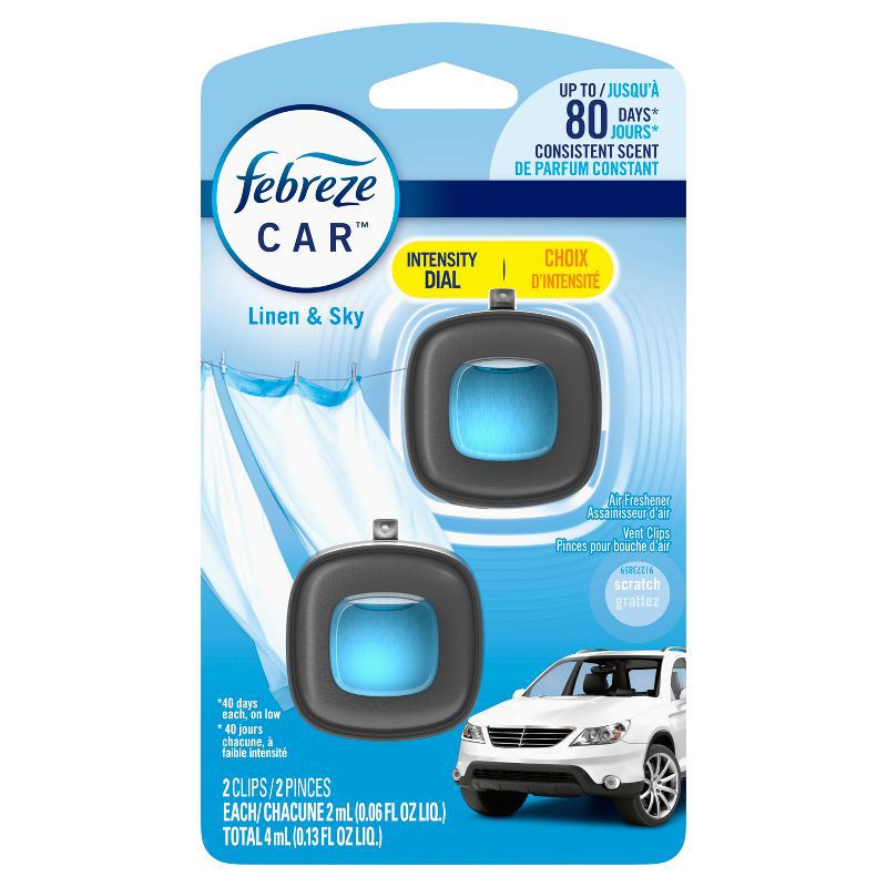 slide 9 of 10, Febreze Car Air Freshener Vent Clip - Linen & Sky Scent - 0.13 fl oz/2pk, 2 ct; 0.13 fl oz