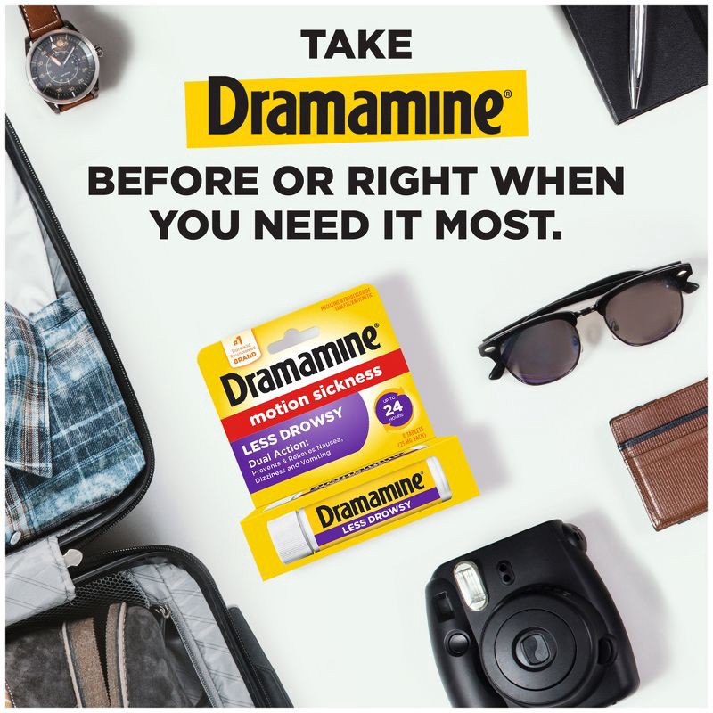 slide 4 of 6, Dramamine All Day Less Drowsy Motion Sickness Relief Tablets for Nausea, Dizziness & Vomiting - 8ct, 8 ct