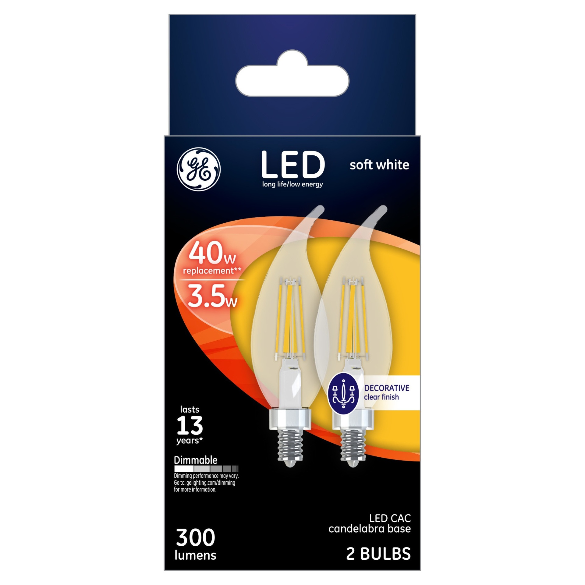 slide 1 of 2, GE LED 40W CAC Chandelier Light Bulbs - Soft White, Clear Bulb, 2 ct