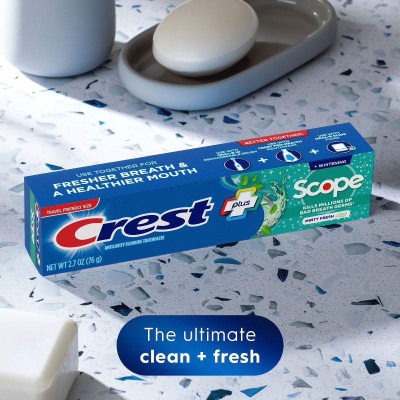 slide 7 of 11, Crest + Scope Complete Whitening Toothpaste Minty Fresh - Trial Size - 2.7oz, 2.7 oz