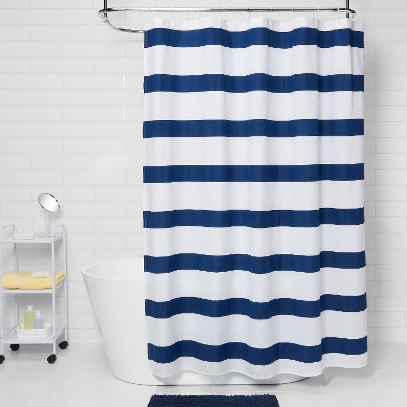 slide 2 of 5, Rugby Stripe Shower Curtain White/Blue Cool - Room Essentials, 1 ct