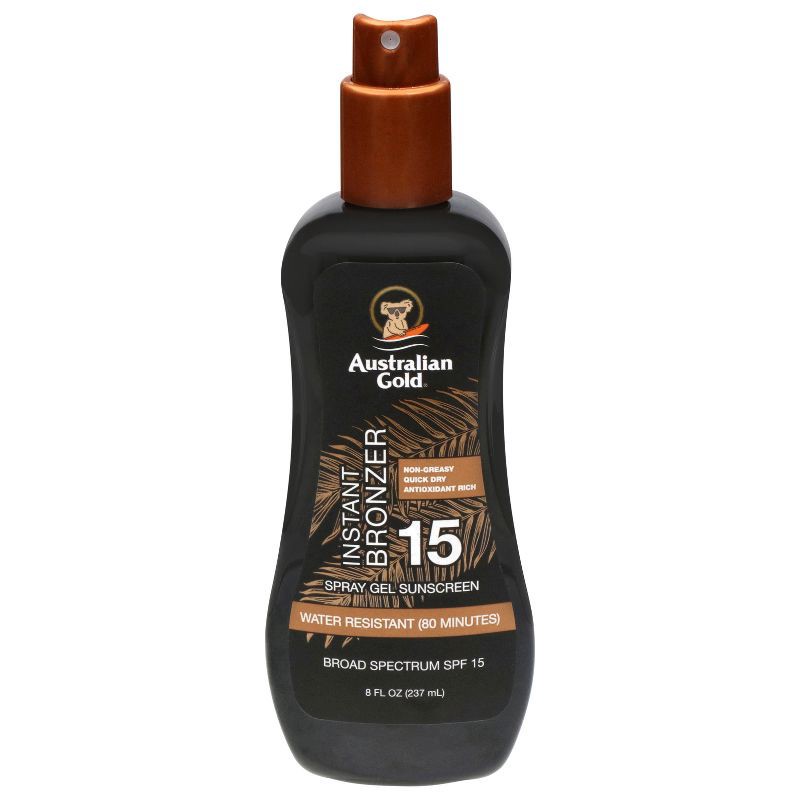 slide 1 of 7, Australian Gold Sunscreen Spray Gel with Instant Bronzer - SPF 15 - 8 fl oz: Homosalate, Vitamin C, Whole Body Use, 15 x 8 fl oz