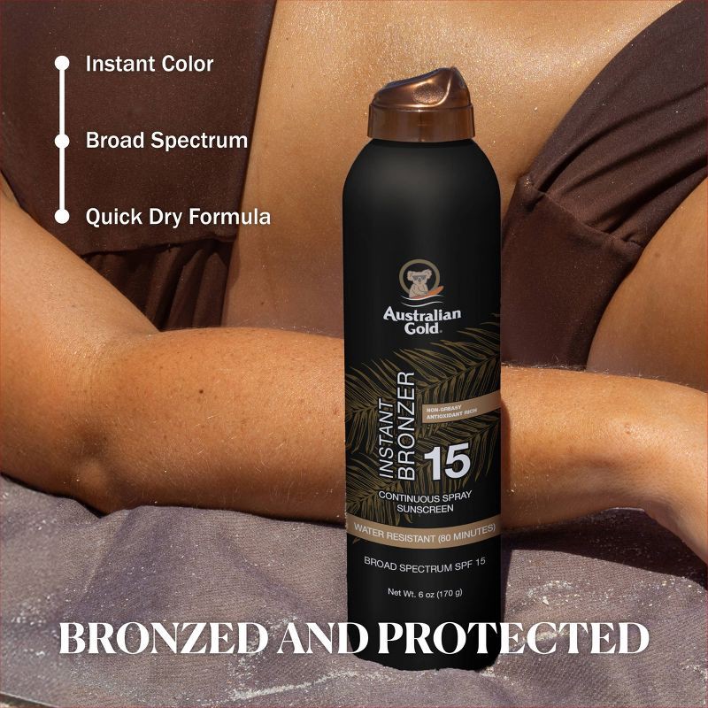 slide 4 of 8, Australian Gold Continuous Spray Sunscreen With Instant Bronzer - SPF 15 - 6 fl oz, 15 ct; 6 fl oz