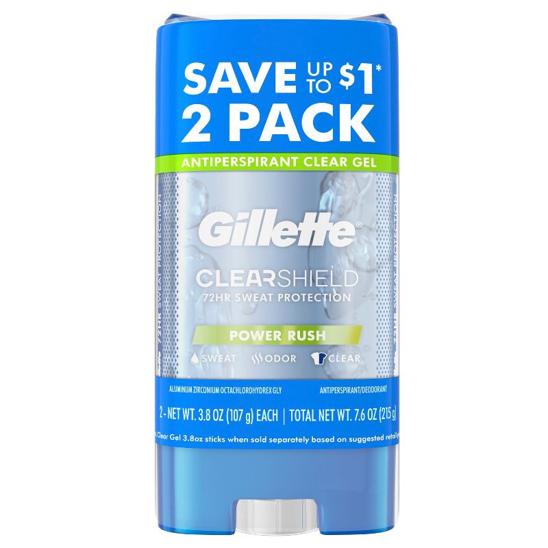 slide 2 of 8, Gillette Antiperspirant Deodorant for Men - Clear Gel Power Rush 72 Hour Sweat Protection - 2pk/3.8oz each, 2 ct; 3.8 oz