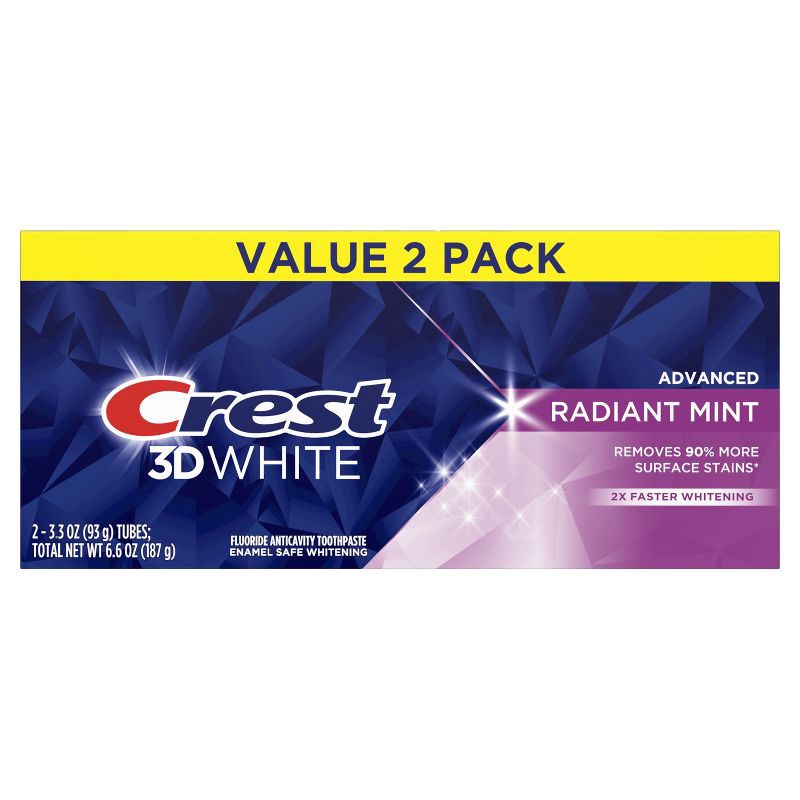 slide 2 of 9, Crest 3D White Advanced Teeth Whitening Toothpaste - Radiant Mint - 3.3oz/2pk, 3.3 oz, 2 ct