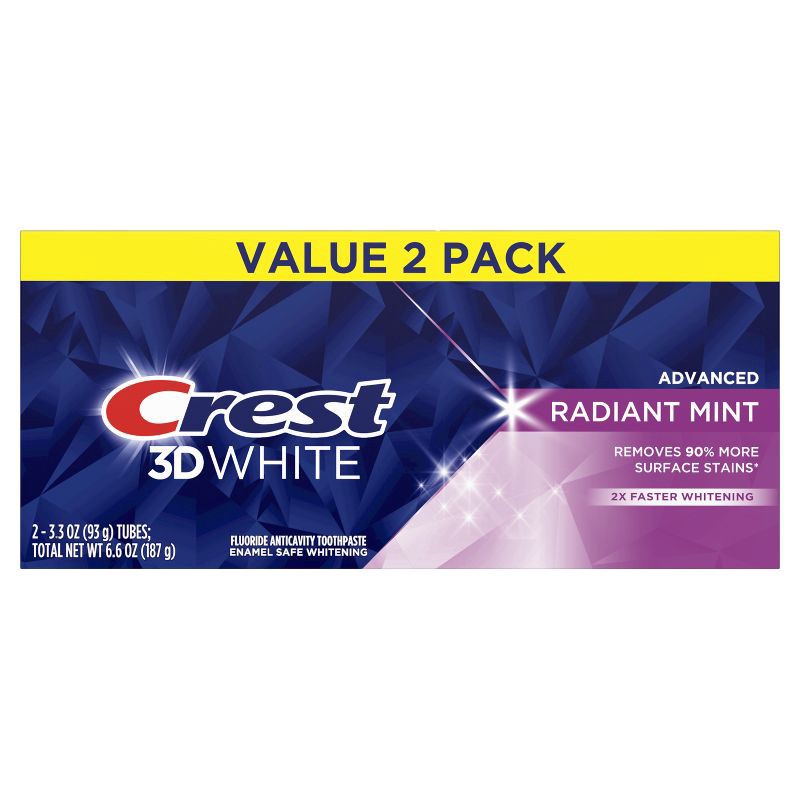slide 2 of 8, Crest 3D White Advanced Teeth Whitening Toothpaste, Radiant Mint - 3.3oz/2pk, 3.3 oz, 2 ct