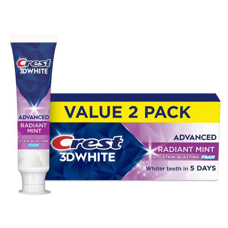 slide 1 of 13, Crest Toothpaste 3D White Advanced Tooth Whitening - Radiant Mint - 3.3oz/2pk, 3.3 oz, 2 ct