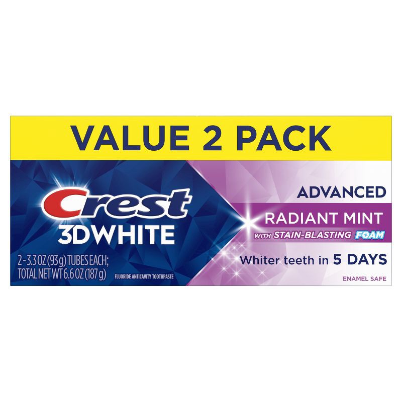 slide 12 of 13, Crest Toothpaste 3D White Advanced Tooth Whitening - Radiant Mint - 3.3oz/2pk, 3.3 oz, 2 ct