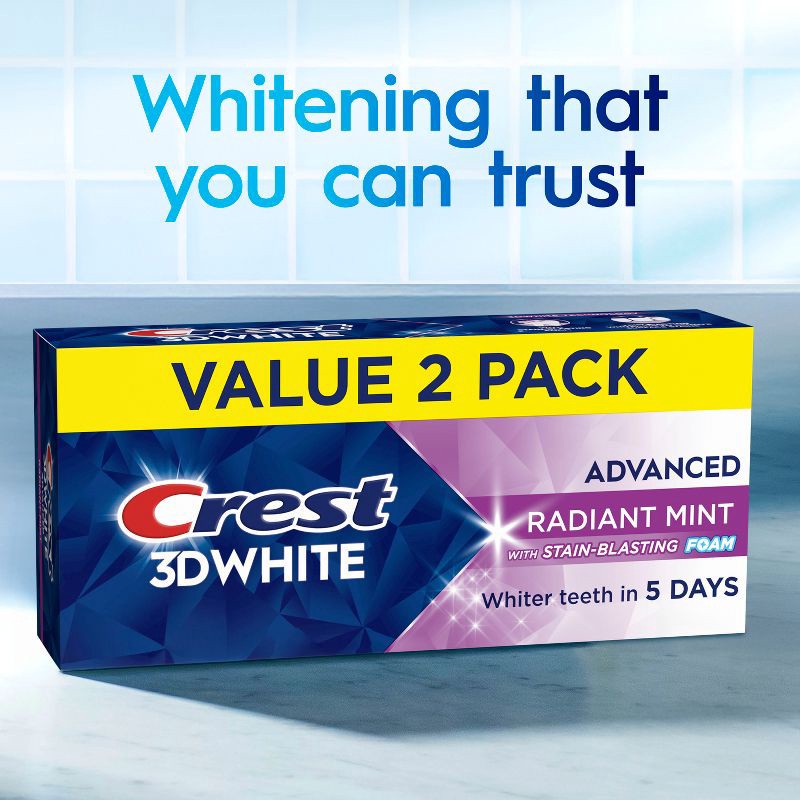 slide 9 of 13, Crest Toothpaste 3D White Advanced Tooth Whitening - Radiant Mint - 3.3oz/2pk, 3.3 oz, 2 ct