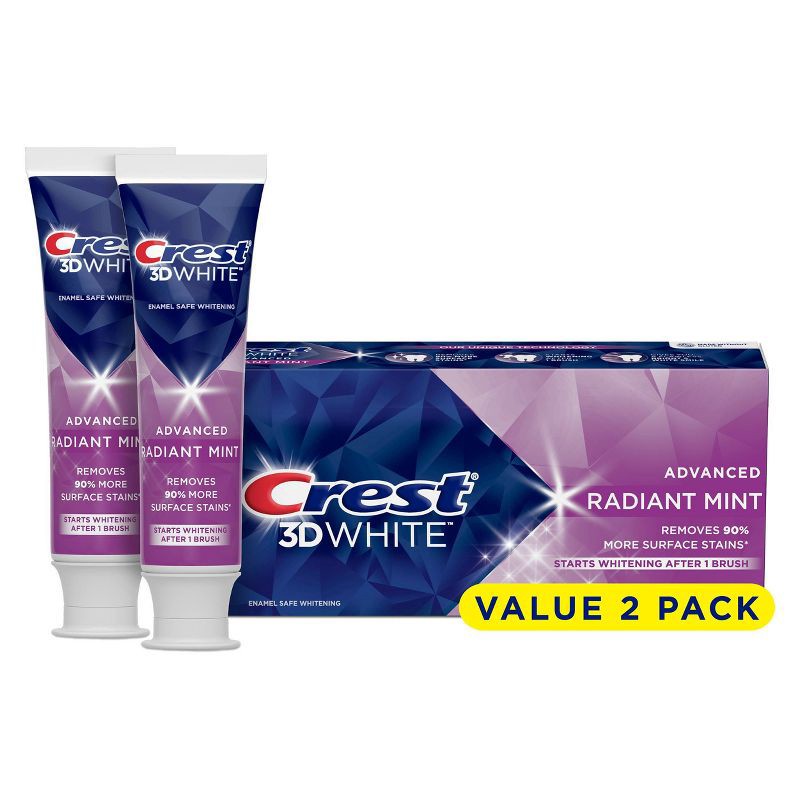 slide 1 of 8, Crest 3D White Advanced Teeth Whitening Toothpaste, Radiant Mint - 3.3oz/2pk, 3.3 oz, 2 ct