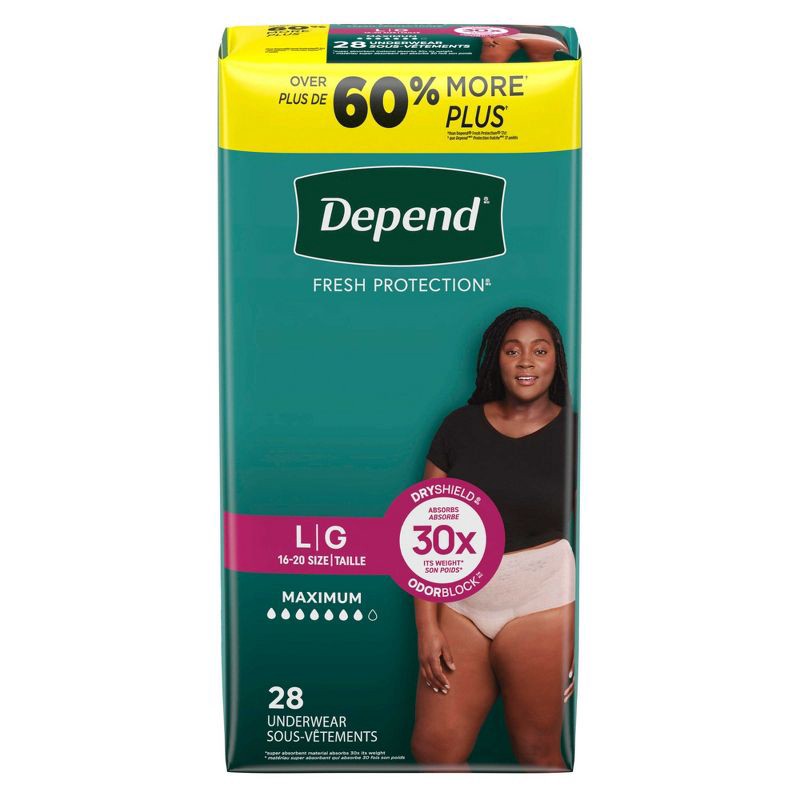 slide 2 of 7, Depend Fresh Protection Adult Incontinence & Postpartum Underwear for Women - Maximum Absorbency - L - Blush - 28ct, 28 ct