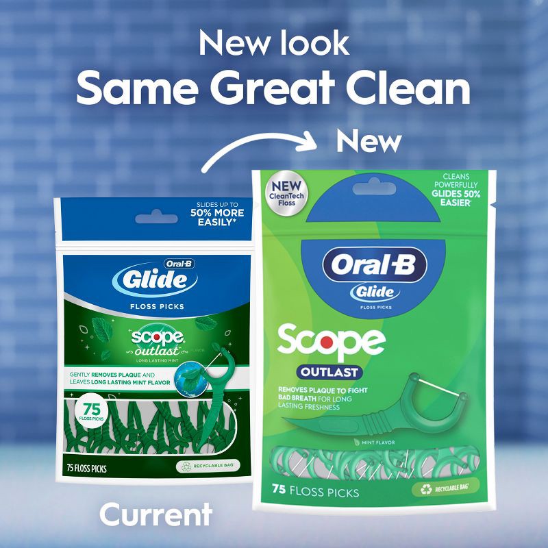 slide 8 of 11, Oral-B Glide Mint Dental Floss Picks with Long Lasting Scope Flavor - 75 Picks, 1 ct