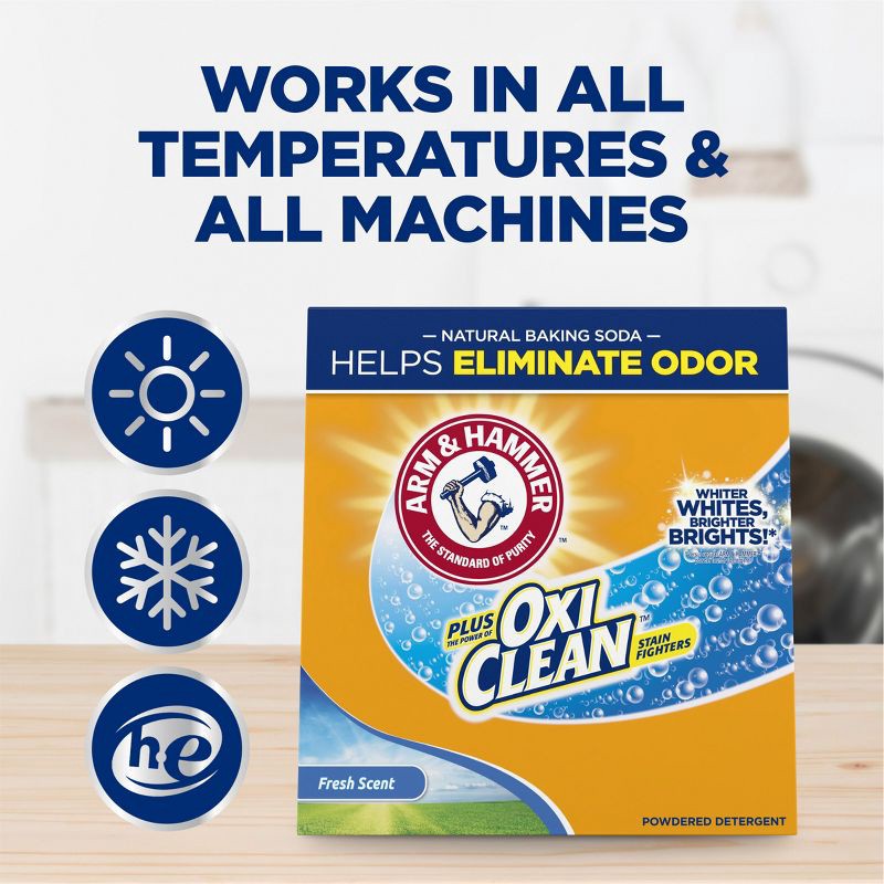 slide 5 of 11, Arm & Hammer Fresh Scent Plus OxiClean HE Laundry Detergent Powder 130 Loads - 160oz, 160 oz