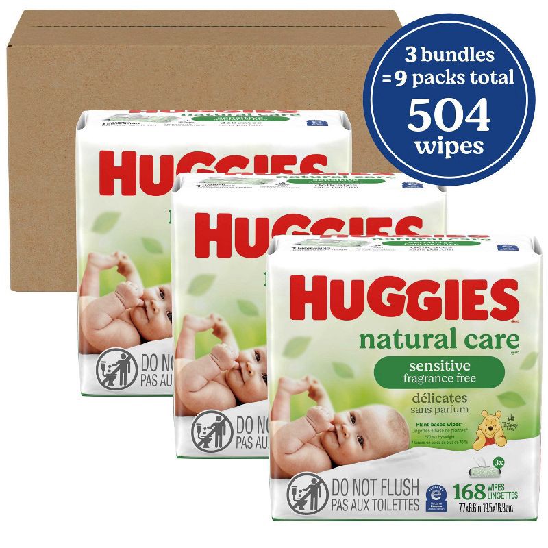 slide 2 of 10, Huggies Natural Care Sensitive Unscented Baby Wipes - 3 pack (168ct total wipes), 3 ct, 168 ct