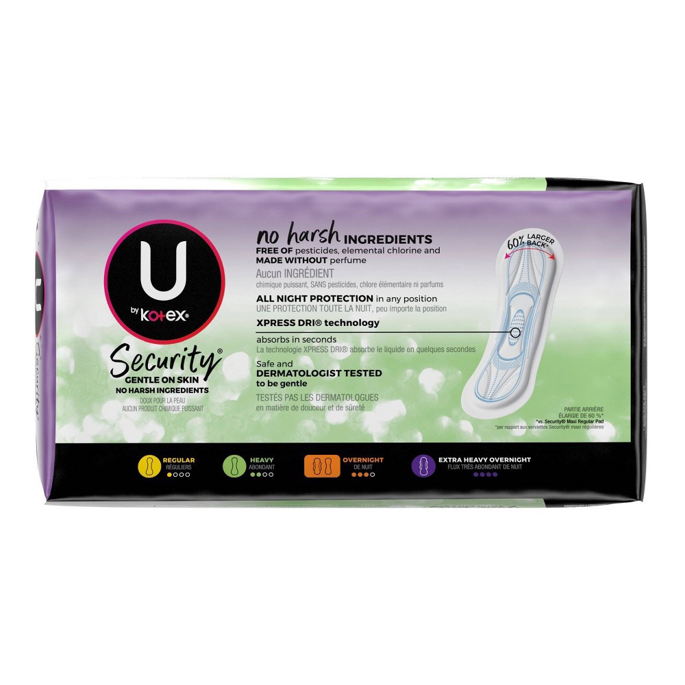 slide 5 of 10, U by Kotex Security Unscented Overnight Absorbency Fragrance Free Maxi Pads - 40ct, 40 ct