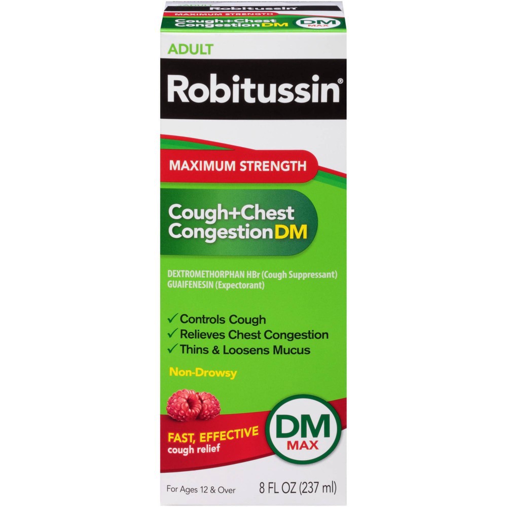 slide 5 of 7, Robitussin Adult Maximum Strength Cough + Chest Congestion DM Max (8 fl. oz. Bottle), Non-Drowsy Cough Suppressant & Expectorant, Raspberry Flavor, 8 fl oz