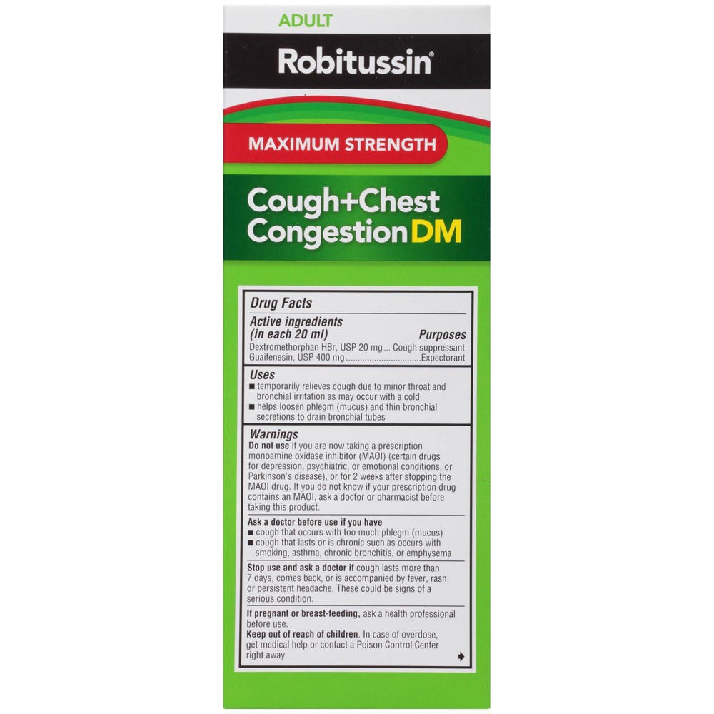 slide 6 of 7, Robitussin Adult Maximum Strength Cough + Chest Congestion DM Max (8 fl. oz. Bottle), Non-Drowsy Cough Suppressant & Expectorant, Raspberry Flavor, 8 fl oz