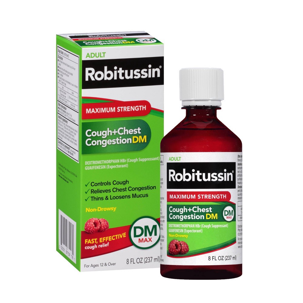 slide 7 of 7, Robitussin Adult Maximum Strength Cough + Chest Congestion DM Max (8 fl. oz. Bottle), Non-Drowsy Cough Suppressant & Expectorant, Raspberry Flavor, 8 fl oz
