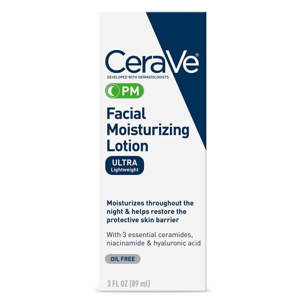 slide 5 of 10, CeraVe Face Moisturizer,PM Facial Moisturizing Lotion,Night Cream for Normal to Oily Skin with Hyaluronic Acid and Niacinamide - 3 fl oz, 3 fl oz