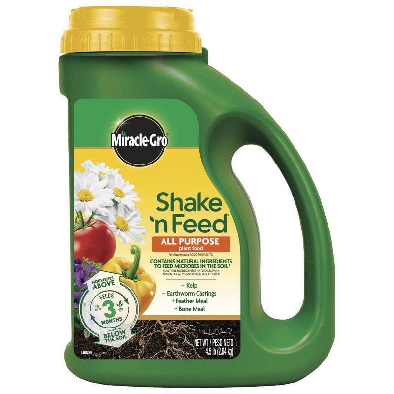 slide 1 of 7, Miracle-Gro Shake 'N Feed All Purpose Continuous Release Plant Food 4.5lb: Nutrient-Rich, Easy Dispensing, 3-Month Supply, 4.5 lb