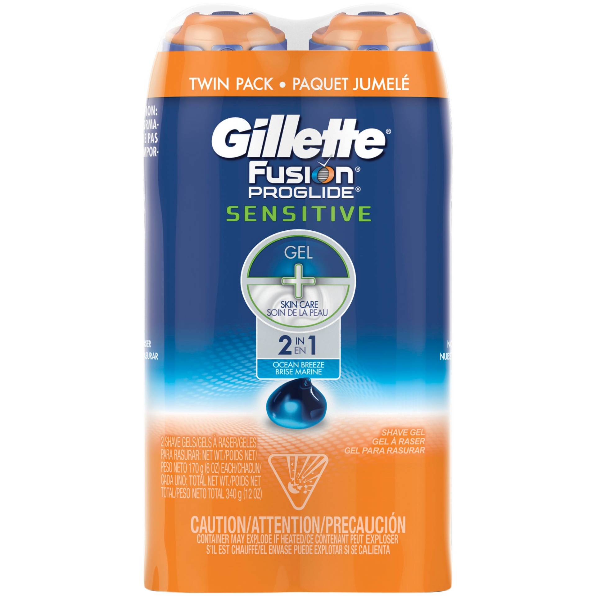 slide 1 of 3, Gillette Fusion ProGlide Sensitive Men's Ocean Breeze Shave Gel Twin Pack, 12 oz