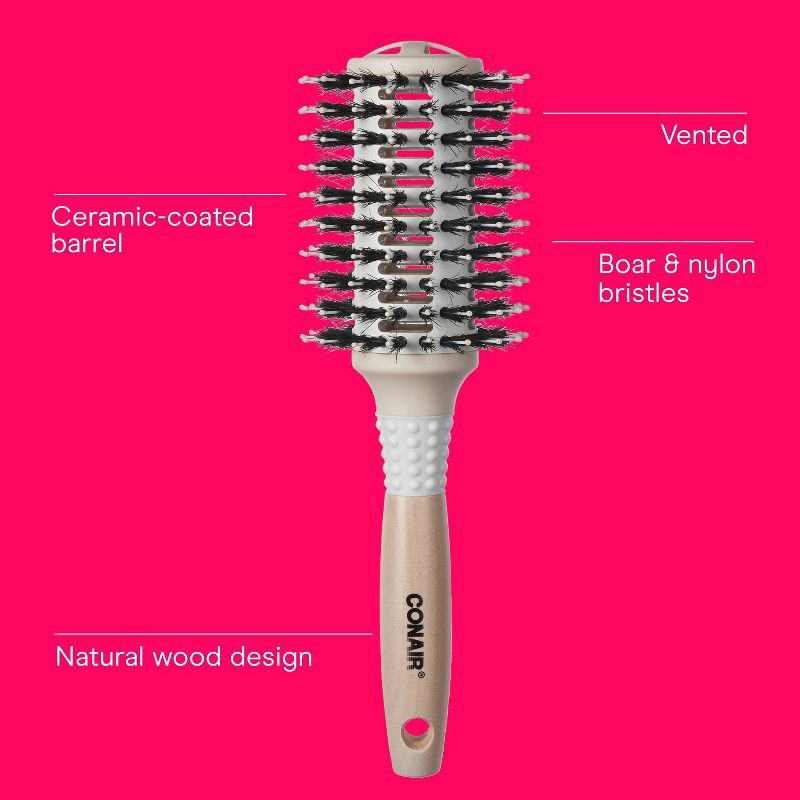 slide 3 of 8, Conair Ceramic Wood Vented Boar Bristle Round Hair Brush - Large Barrel - All Hair, 1 ct
