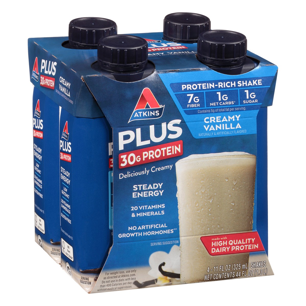 slide 2 of 9, Atkins Vanilla Plus Protein & Fiber Shake 4Pk, 44 fl oz