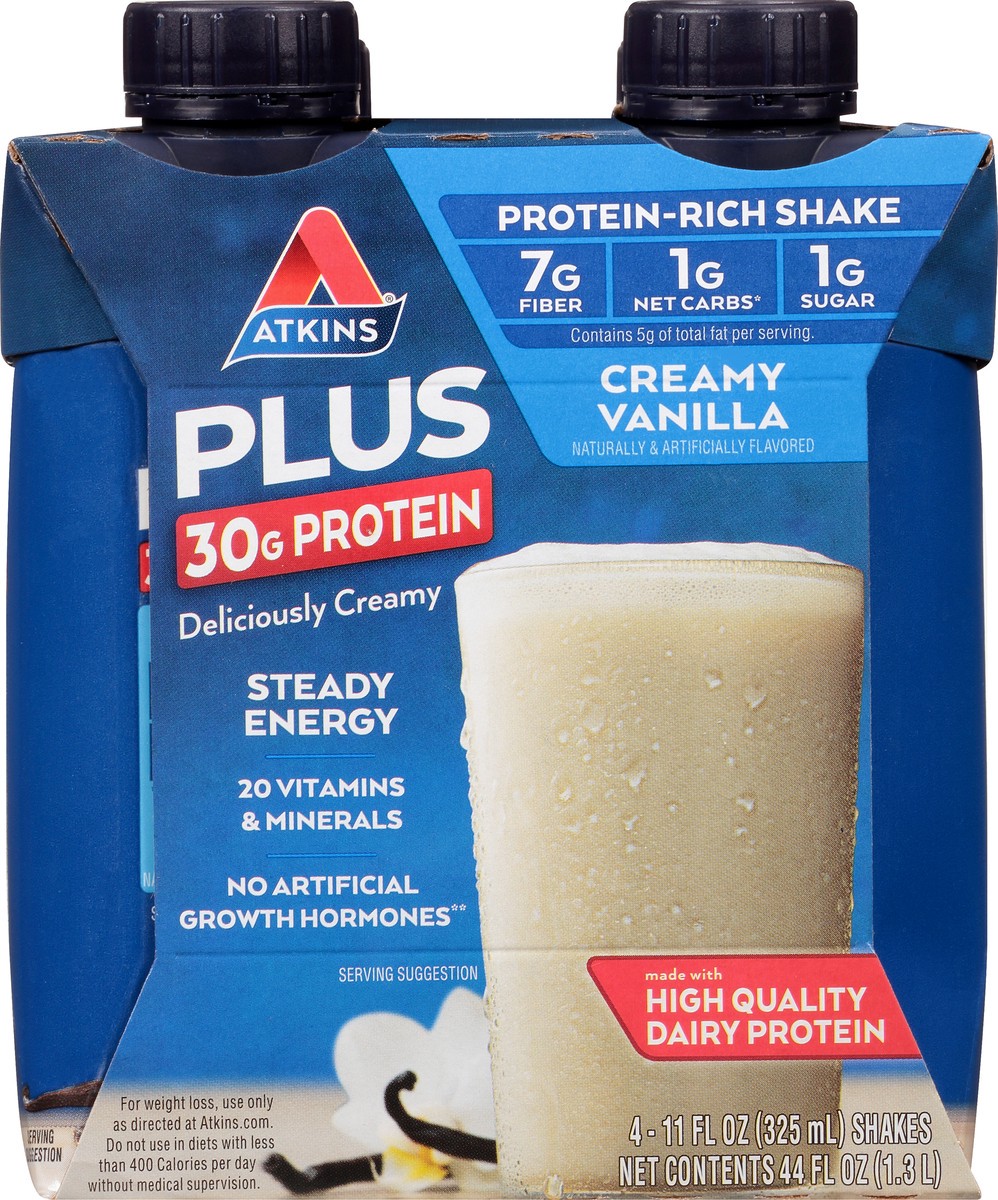 slide 3 of 9, Atkins Vanilla Plus Protein & Fiber Shake 4Pk, 44 fl oz