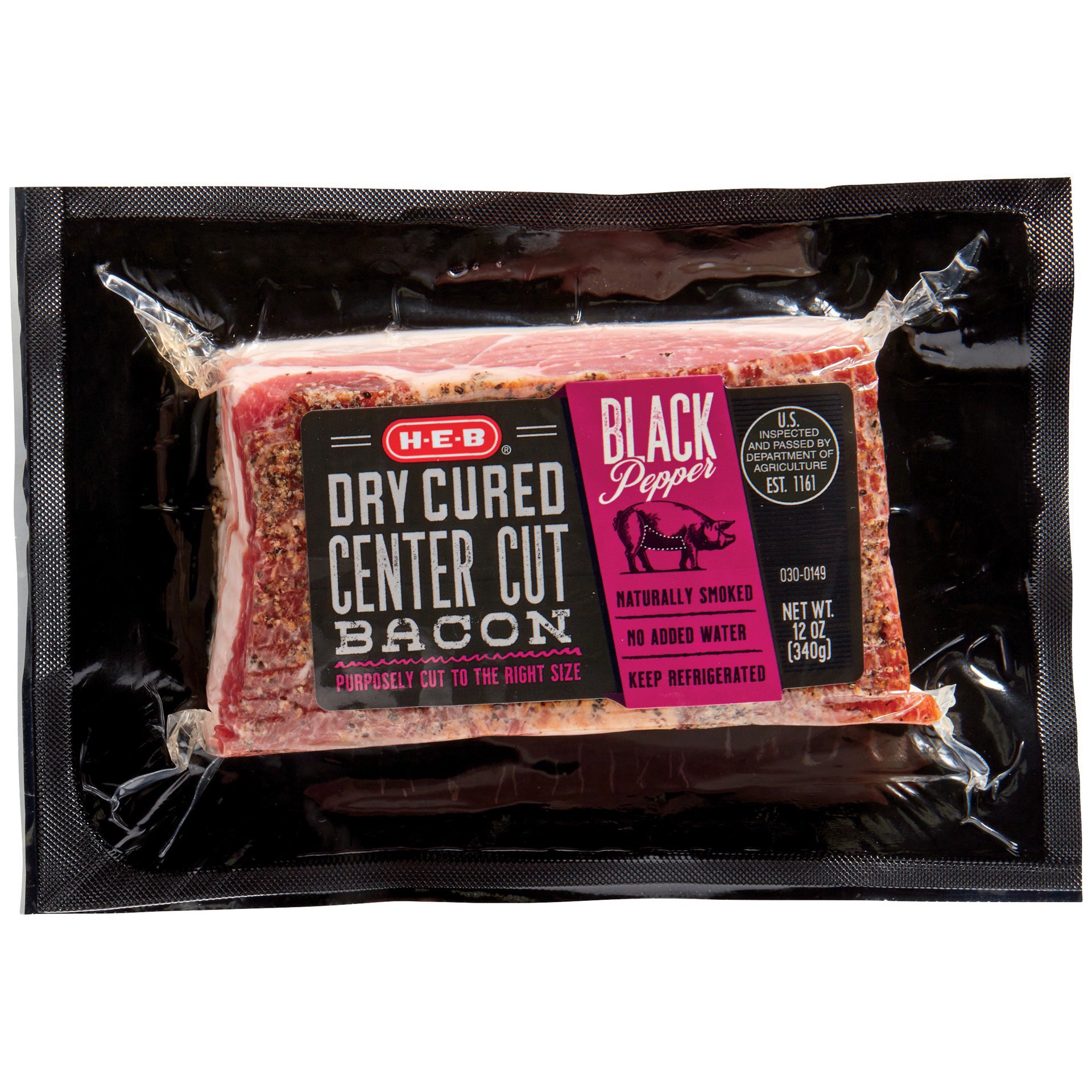 slide 1 of 1, H-E-B Black Pepper Dry Cured Center Cut Bacon, 12 oz