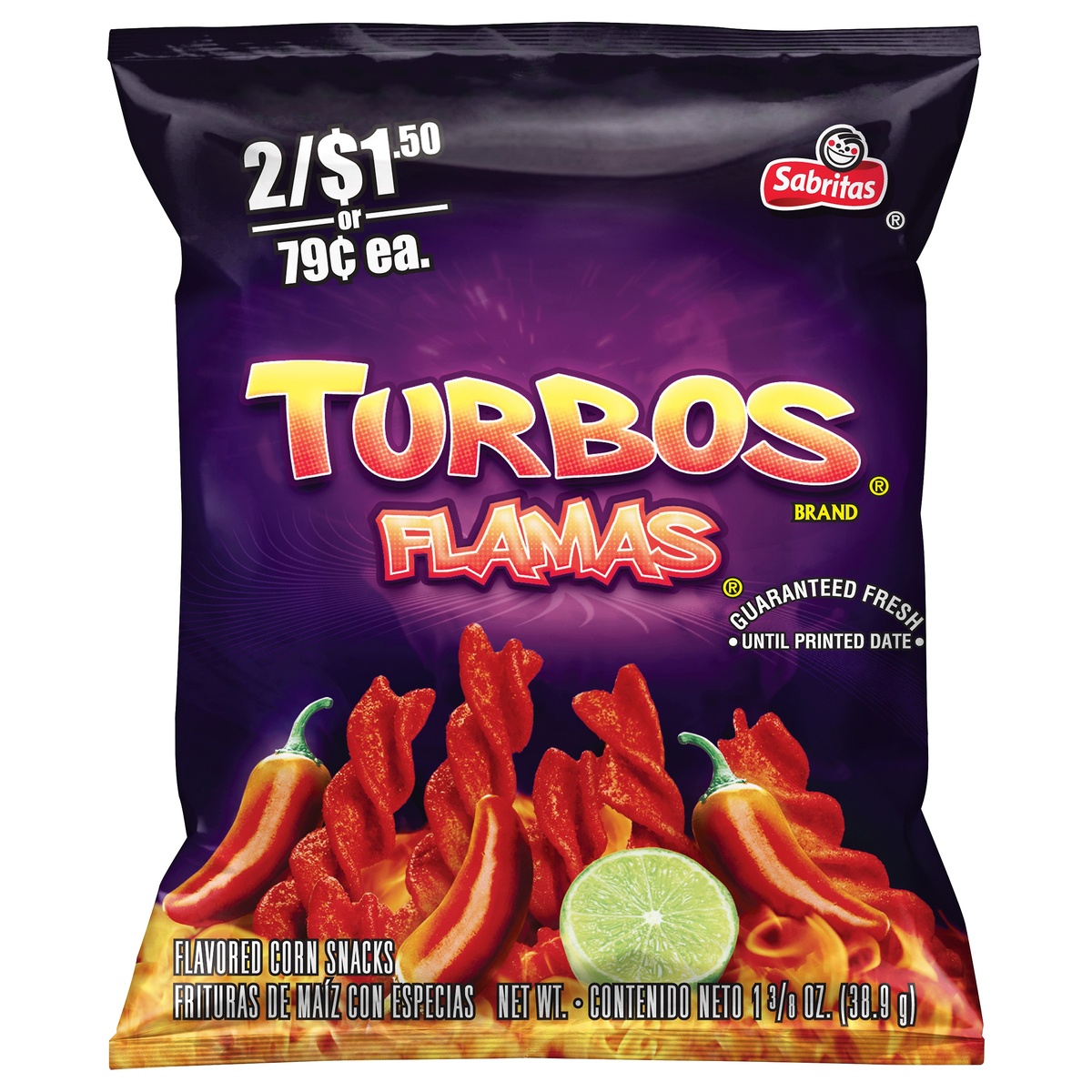 slide 1 of 4, Sabritas Turbos Flamas Flavored Corn Snacks, 1.375 oz