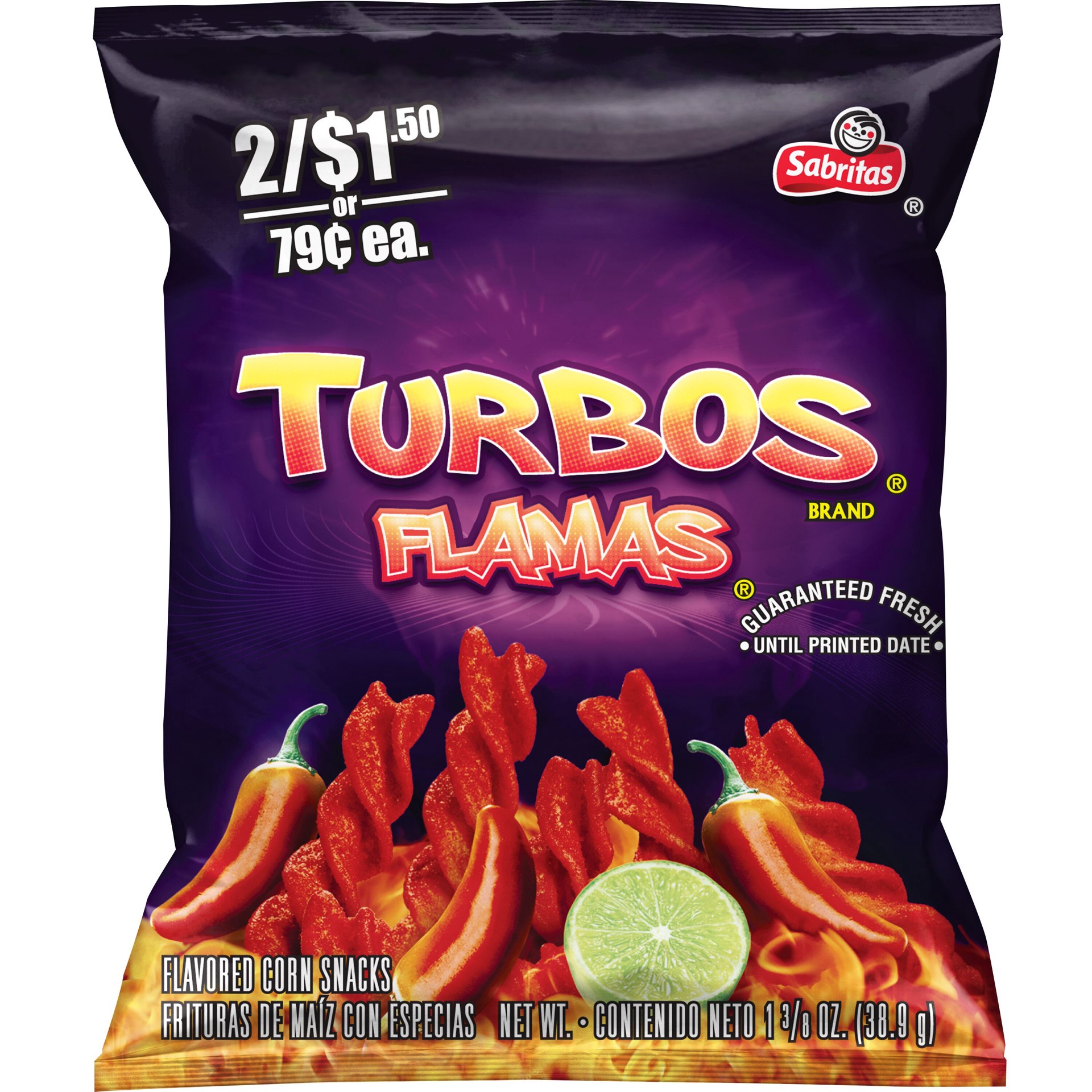 slide 1 of 5, Sabritas Flavored Corn Snacks Turbos Flamas 1.375 Oz, 1.38 oz