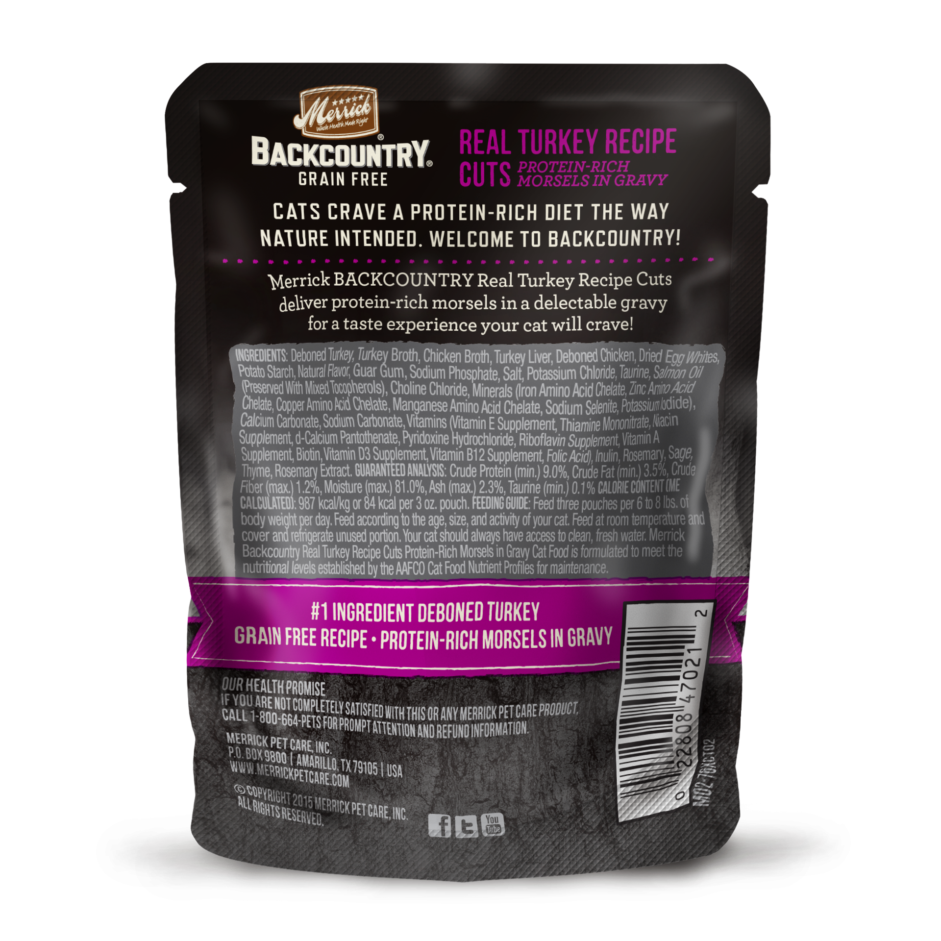 slide 4 of 4, Merrick Backcountry Grain Free Wet Cat Food Real Turkey Recipe Cuts in Gravy - 3 oz Pouch, 3 oz