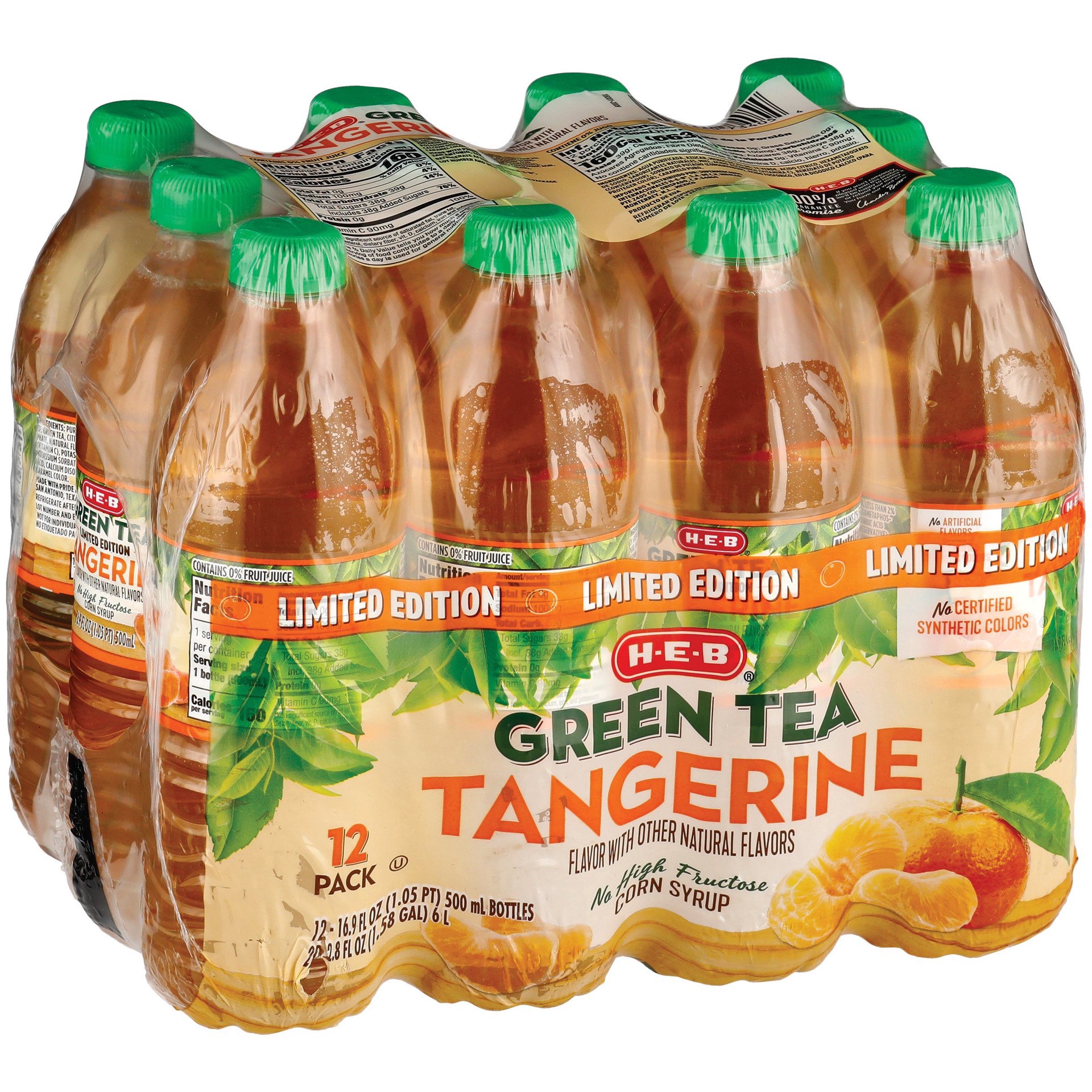slide 1 of 1, H-E-B Tangerine Green Tea 12 pk Bottles, 16.9 oz