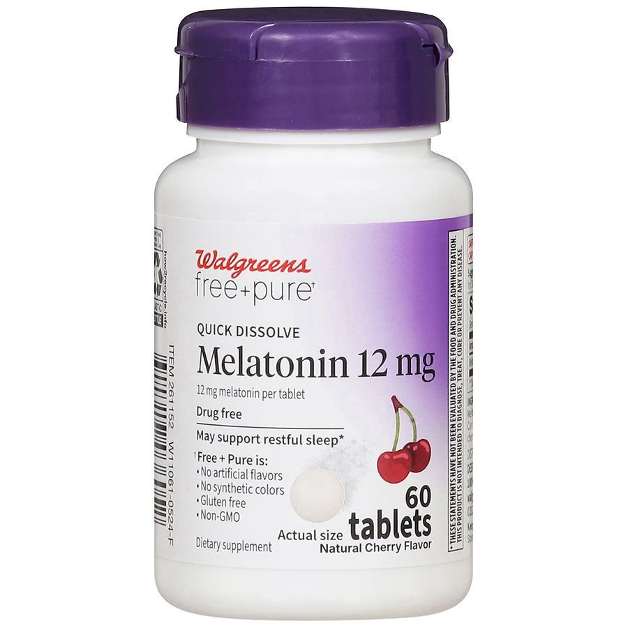 slide 4 of 5, Walgreens Free & Pure Quick Dissolve Melatonin 12 mg Tablets Cherry, 60 ct