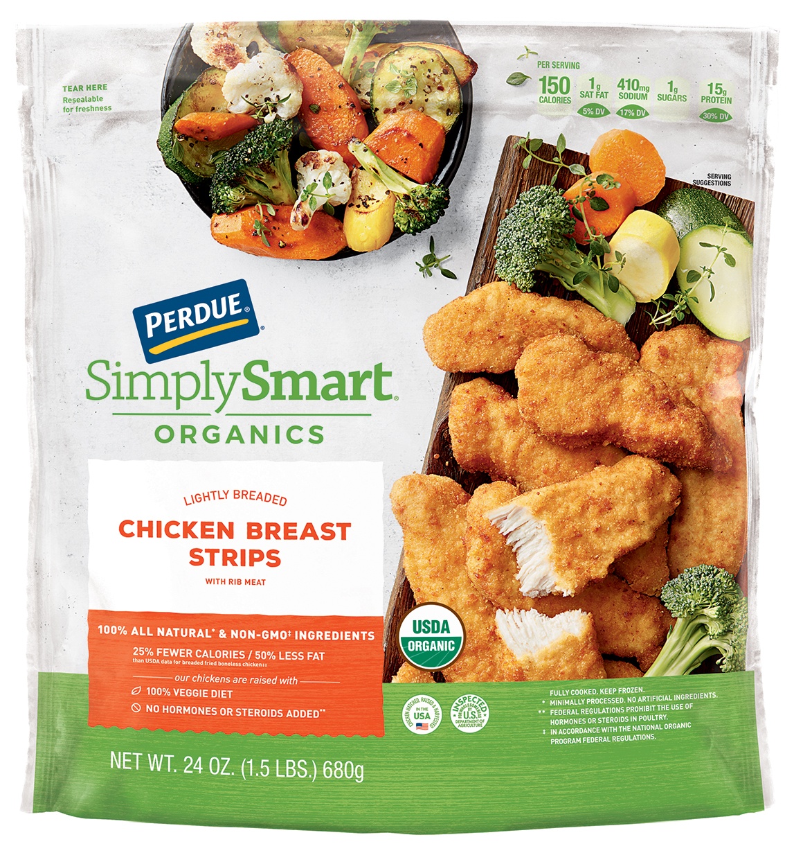 slide 1 of 2, PERDUE SIMPLY SMART ORGANICS Lightly Breaded Chicken Strips , 24 oz