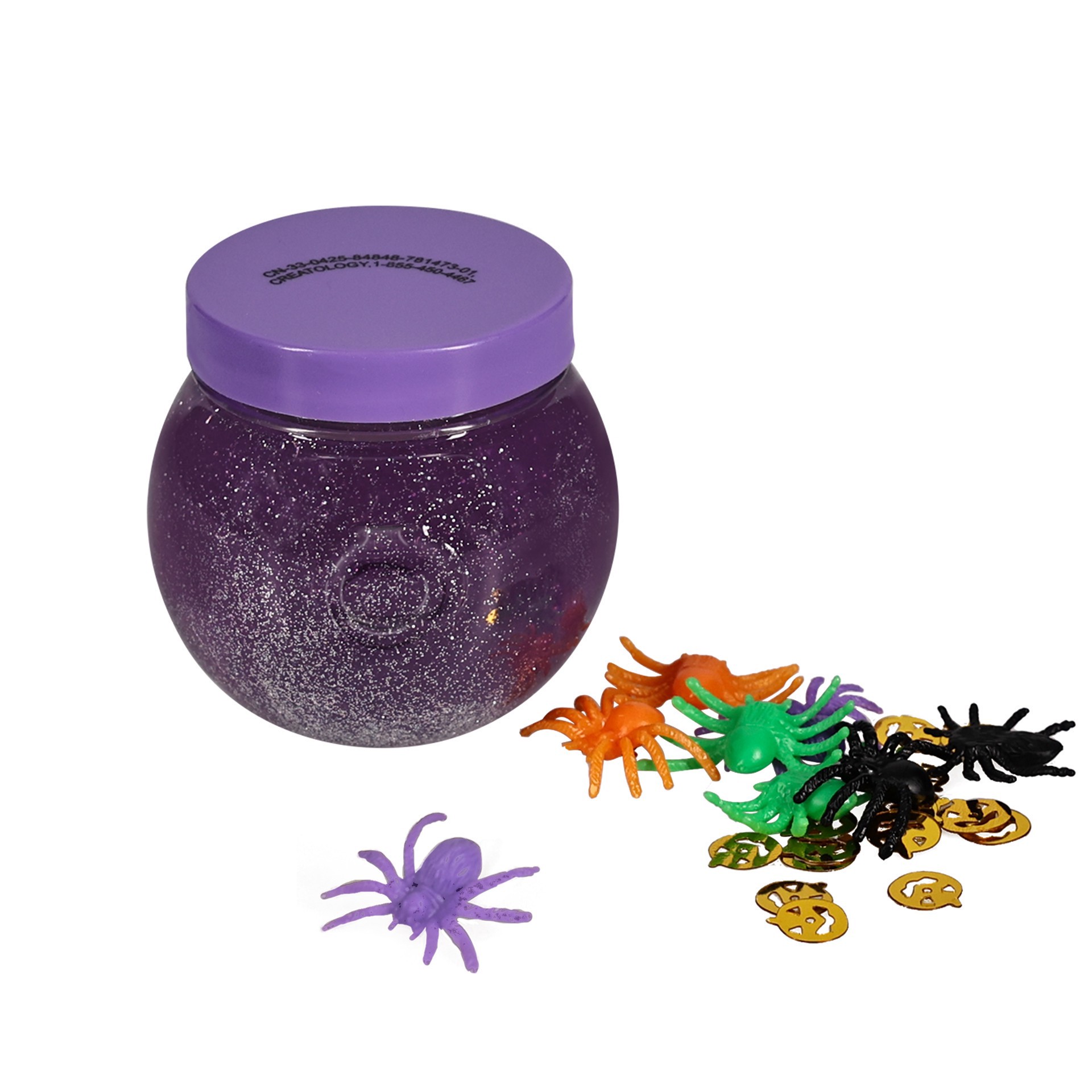 slide 3 of 3, Purple Slime Cauldron With Spiders & Confetti By Creatology, 2.7 in x 2.7 in x 3.3 in