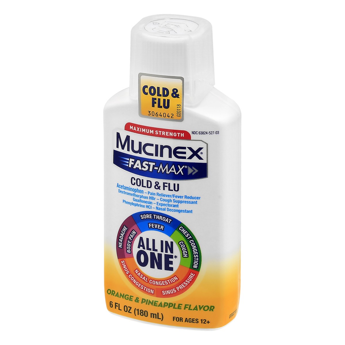 slide 3 of 9, Mucinex Fast-Max All In One Maximum Strength Orange & Pineapple Flavor Cold & Flu 6 oz, 6 oz